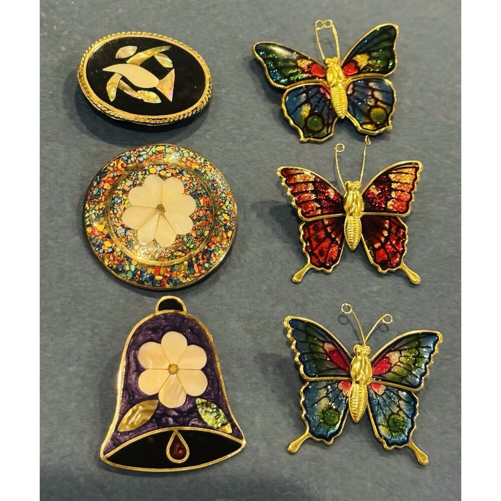 6 brooches Included 1 Alpaca MEXICO Inlay Abalone & Enamel Butterflies